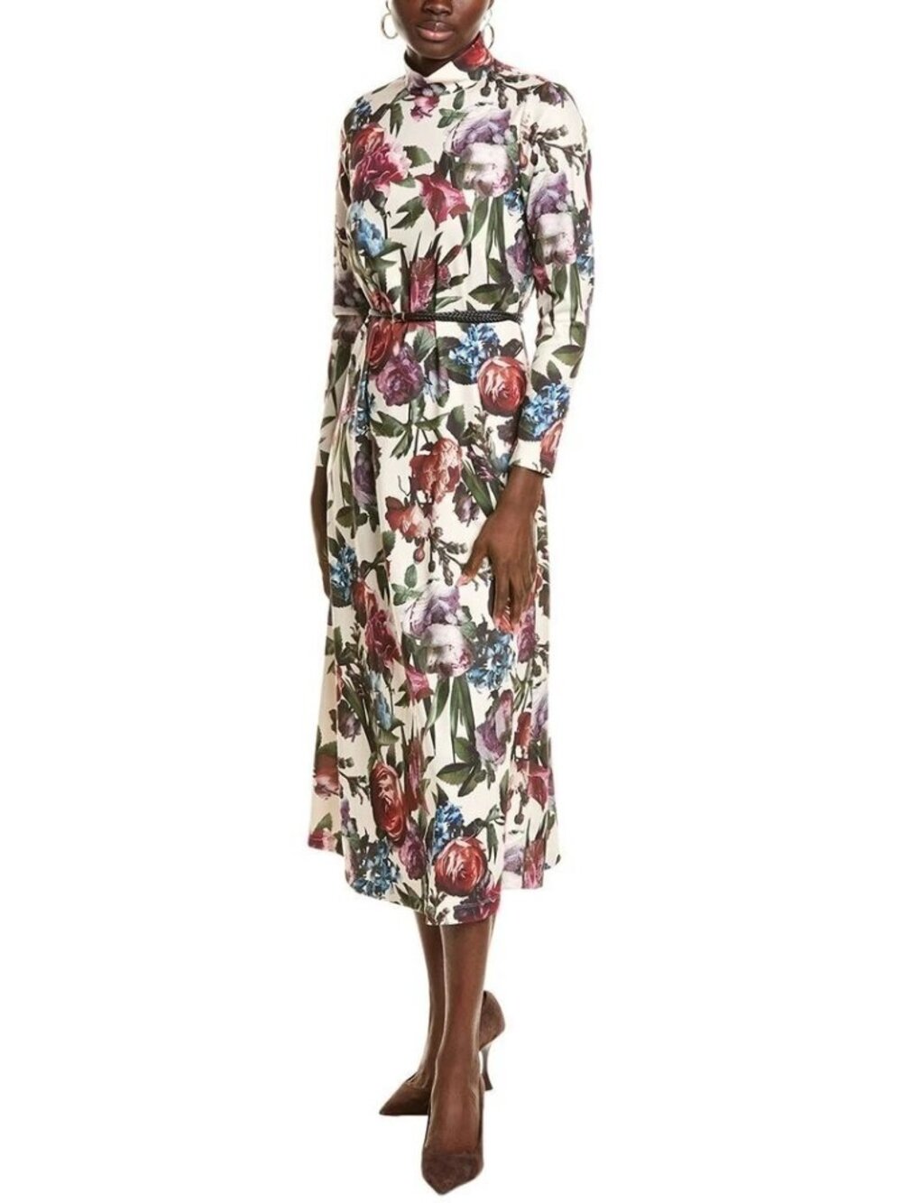 Anne Klein Women Ivory Floral Mock-Neck Long Sleeve A-Line Dress Size: L